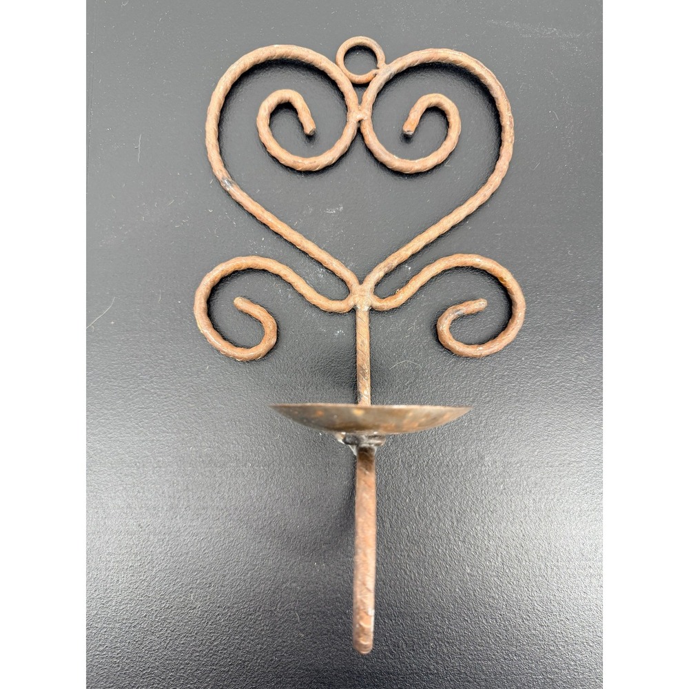 Vintage Wrought Iron Heart Scroll Wall Sconce Candle Holder Rustic Brown Metal